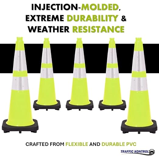 3 Pack 28" Inch Lime Traffic Safety Cones with Dual Reflective Collars - High Visibility Industrial Pylons Traffic Cones for Road, Parking Lots, Driving, Construction