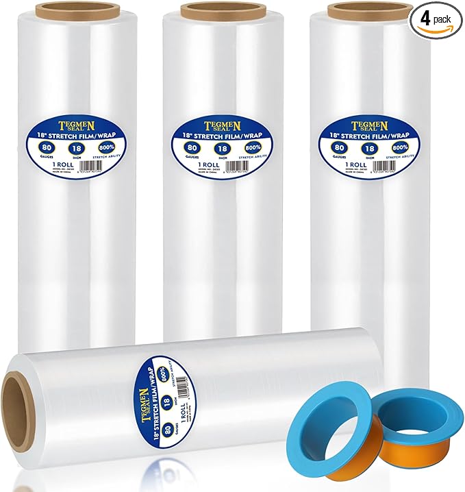 4-Pack 18" Stretch Wrap Rolls - 80 Gauge Industrial Strength Clear Film, 1200ft Length with Plastic Handle Option - Heavy Duty Self-Adhering for Moving, Shipping, Pallet Packing