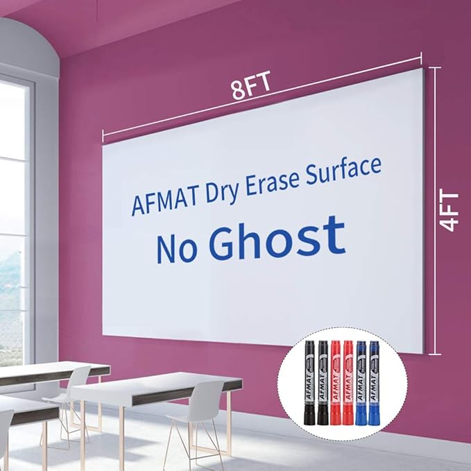 Dry Erase Whiteboard Paper, Large White Board Stickers for Wall, 8x4ft Dry Erase Paper Roll with Adhesive Backing, Perfect Replacement for White Board, No Ghost After 60 Days, 6 Much Better Markers