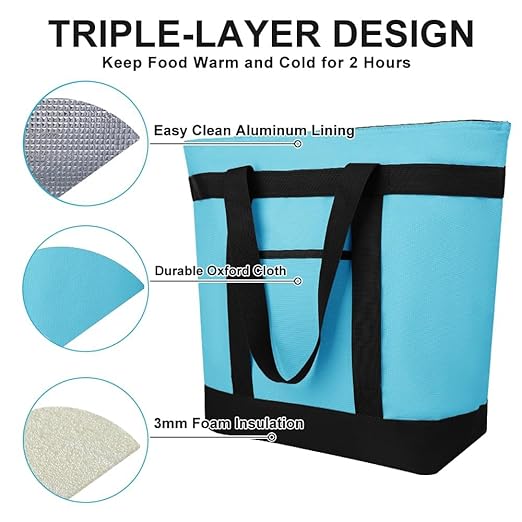 2Pk Insulated Reusable Tote Bag for Grocery Shopping for Women/Men, Pizza/Food Delivery Bag to Keep Food Cold/Hot for Professional Catering, Cooler bags for Travel/Beach/Picnic, Blue