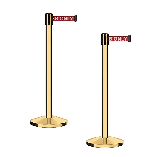 CCW Series RBB-100 - Set of 2 Stanchion Retractable Belt Barriers (11 Foot Belt, Red with"Authorized Access ONLY" White Letters Belt with Polished Brass Post)
