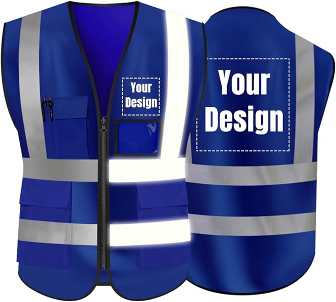YOWESHOP High Visibility Safety Vest Custom Your Logo Protective Workwear 5 Pockets With Reflective Strips Outdoor Work Vest (Navy Blue (S))
