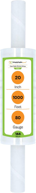 PSBM 144 Rolls 20 Inch x 1000 Feet 80 Gauge Stretch Film/Wrap with Handles, Heavy Duty Industrial Strength Clear Shrink Plastic Wrap for Moving, Packing, Shipping, Pallet Wrapping & Storage