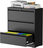 3 Drawer Lateral File Cabinet with Lock, Metal File Cabinets for Home Office, Steel Heavy-Duty Filing Storage Cabinet for Letters/Legal/A4 (Require Assembly, Black)