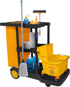 tonchean Commercial Janitorial Cart, 3-Shelf Large Capacity Housekeeping Cart with 25 Gallon Vinyl Bag & Wheels, 44.5" L x 22" W x 36.6" H, Utility Clean Trolley for Professional Cleaning, Black