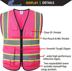 Construction Vest Pink,5 Pockets Reflective Safety Vest for Men Women High Visibility Work Vest with Zipper Front,Meets ANSI/ISEA Standards(EK175-Pink-L)