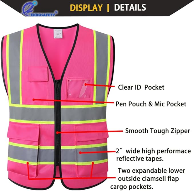 Pink High Visibility Safety Vest for Men Women with 5 Pockets and Zipper Hi Vis Construction Work Vest with Reflective Strips,Meets ANSI/ISEA Standards(EK175-Pink-2XL)