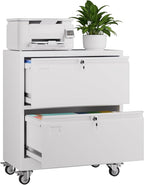 METAN Upgrade 2 Drawers Lateral File Cabinet on Wheels,Steel Office Filing Storage Cabinet with 2 Locks,White,Assembly Required