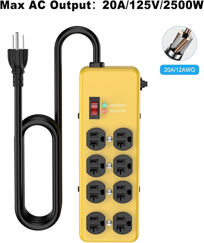 Heavy Duty Power Strip 20 amp,Metal 8 Outlet Power Strip,Wall Mount Surge Protector 4800J,12 Gauge 10FT Extension Cord 5-15P Adapter Workshop & Industrial Use with 6-20R T-Slot Outlets