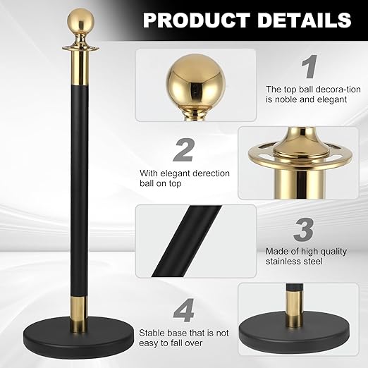 6PCS Black Gold Stanchions, Stanchions and Velvet Ropes 4PCS, Crowd Control Barriers, Black Poles for Red Carpet Suitable for Theaters, Party, Exhibition Center, Ticket Office