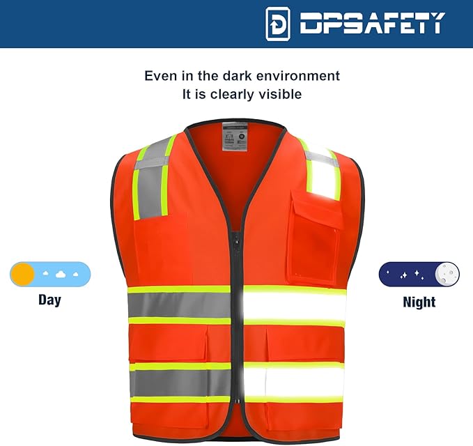 9 Pocket High Visibility Class 2 Safety Vest with 2 Inch Wide Reflective Strips and Zipper Construction - Orange, 4XL