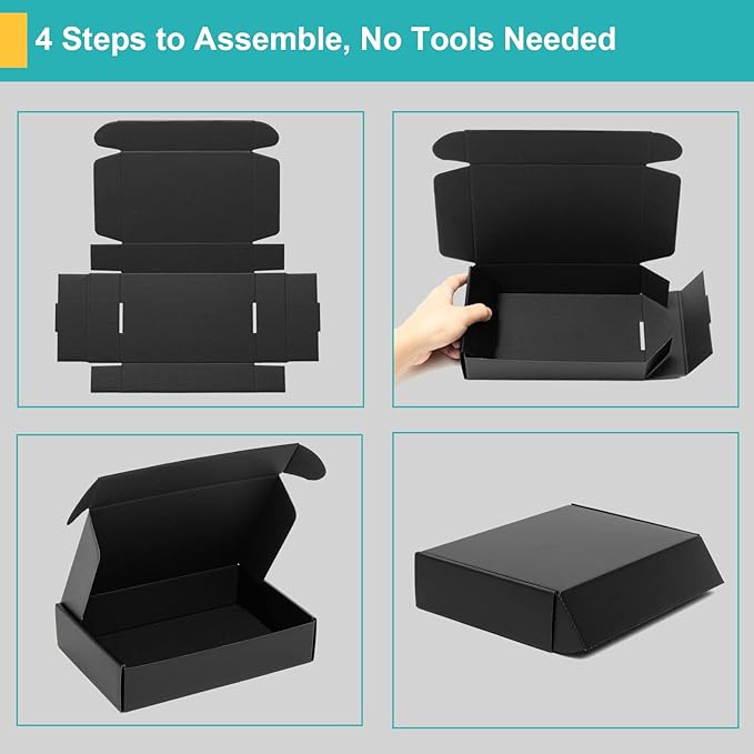 Mcfleet 4x4x2" Black Shipping Boxes - Corrugated Cardboard Mailing Box Packaging for Small Business - Tab Locking Literature Mailer Flat Empty Gift Packing Supplies 24 Pack