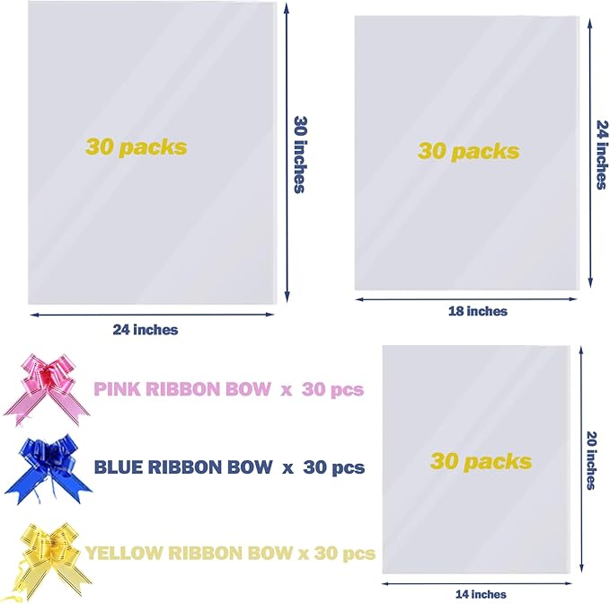 90 Packs Large Clear Cellophane Bags 14x20 18x24 24x30 Inches Jumbo Gift Basket Wraps Extra-large Transparent Plastic Bags for Fruit Basket, Gift Wrap, Treats, Arts and Crafts, 90 pcs Pull Ribbon Bow Ties