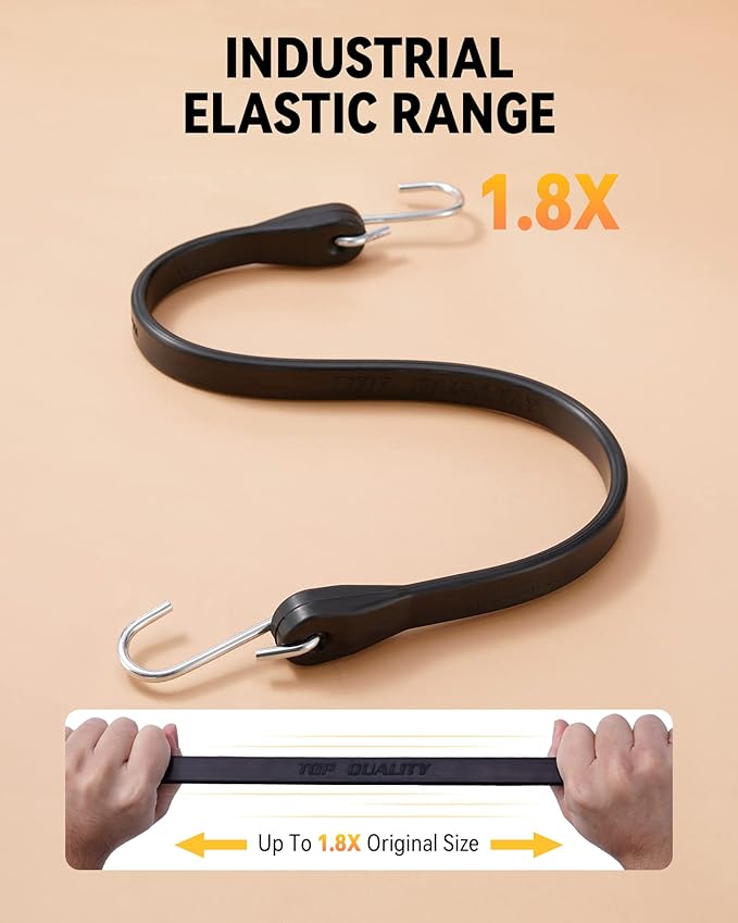 10'' Rubber Bungee Cords Heavy Duty Outdoor with 18" Max Stretch & Over 176 lbs Load, 100% EPDM Black Bungee Straps with Crimped S Hooks for Cargo, Tarps, Truck, Motorcycle, Weatherproof (10 Pack)