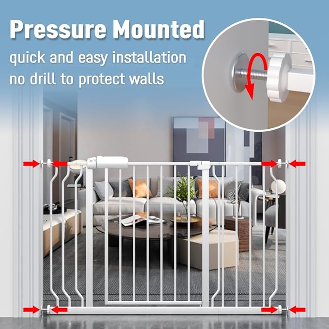 ALLAIBB Extra Wide Pressure Mount Baby Gate Auto Close White Metal Child Dog Pet Safety Gates with Walk Through for Stairs,Doorways,Kitchen and Living Room (76.38-81.10"/194-206cm)