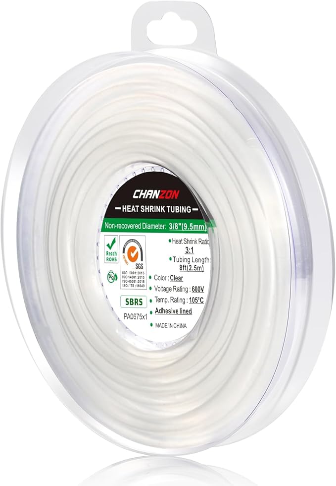 Chanzon 3:1 Ratio 3/8" (9.5mm) Heat Shrink Tubing - Marine Grade Waterproof Adhesive Lined - 8Ft Roll (2.5M Total Length) Clear/Transparent Polyolefin Sleeving Wrap Shrinking 3 to 1 Ratio 1pcs