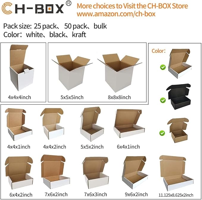4x4x1'' Small Shipping Boxes (Inner Size) 25 Pack, Corrugated Cardboard Mailers for Small Business, White (CM441-25)