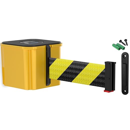 WM412 Retractable Belt Wall Mounted Yellow Crowd Control Barrier and Receiving End, 20' Black/Yellow Diagonal Belt