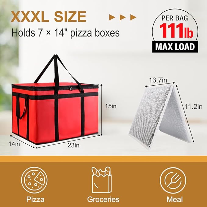 2PK Insulated Food Delivery Bag with Baseboard — Reusable Thermal Cooler Grocery Bags for Catering & Delivery, Pizza Carrier for Events, Large Capacity Bag Keeps Food Hot/Cold for Travel, Commercial