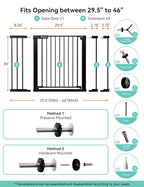 COMOMY 30" Tall Baby Gate for Stairs Doorways, Fits Openings 29.5" to 46" Wide, Auto Close Extra Wide Dog Gate for House, Pressure Mounted Easy Walk Through Pet Gate with Door, Black