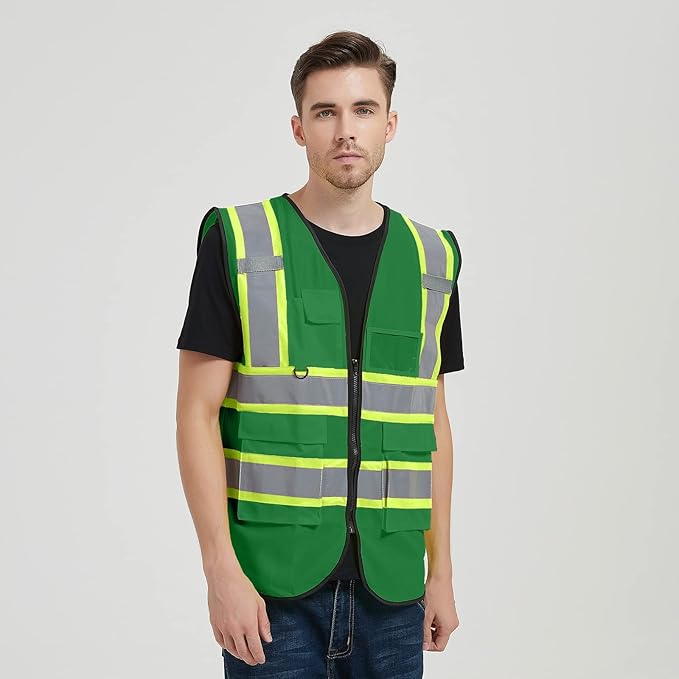 Safety Vest Reflective High Visibility with 5 Pockets ＆Zipper Class 2 Adult Unisex Construction Security Workwear