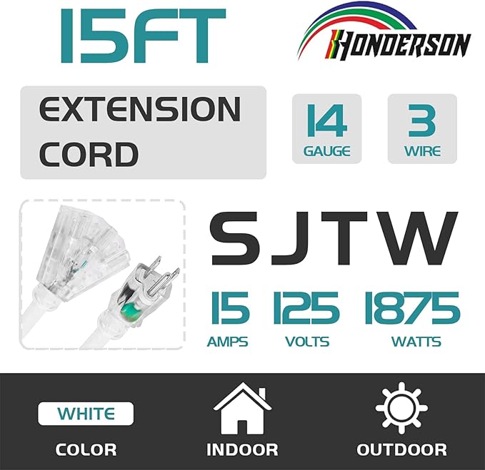 3-Outlets Indoor Outdoor Extension Cord Weatherproof with Lighted End, UL Listed, 14 Gauge 15FT White 3 Prong Heavy Duty, 14/3 SJTW 15A Power Cord