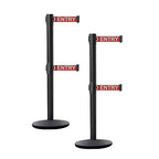 Crowd Control Warehouse CCW Set of 2 Dual Retractable Belt Barrier Stanchion, Cast Iron Base Black Post, IRBB-100D (9 Belt, RED with"NO Entry" White Letters Belt)