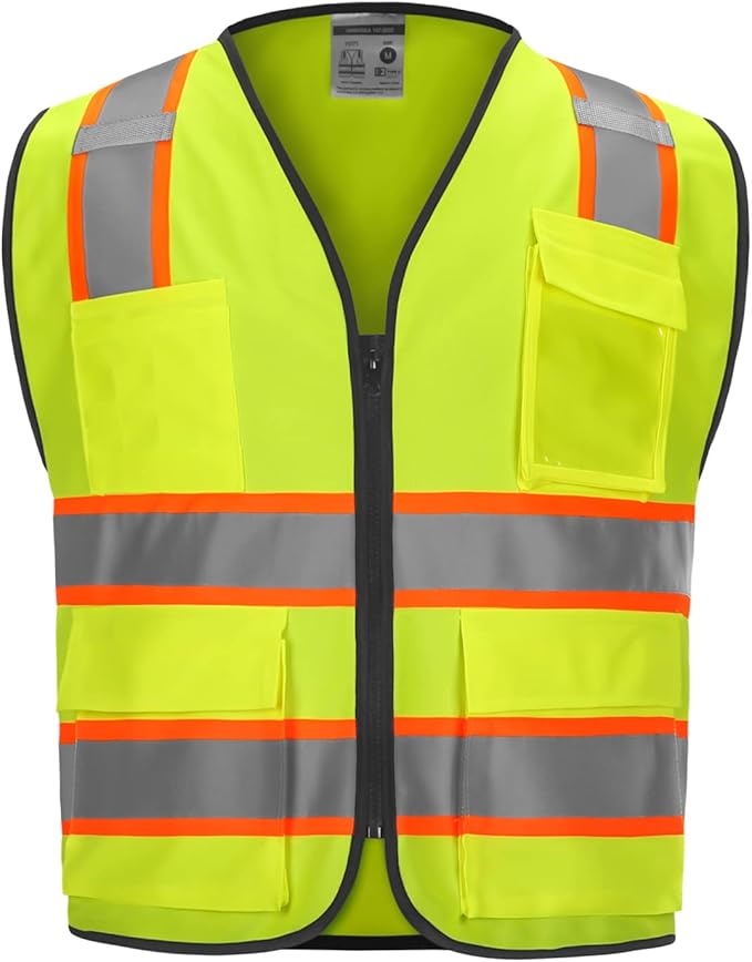 9 Pockets High visibility Class 2 Safety Vest，Hi Vis Vest with 2 inch wide Reflective Strips security vest with Zipper construction work vest for men &women Lime，Large
