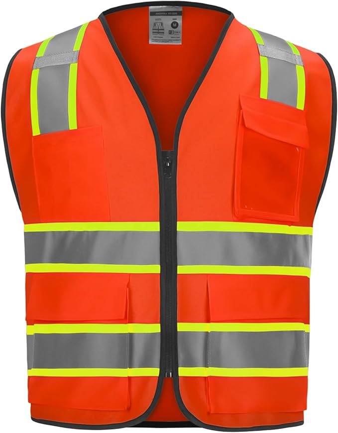 9 Pocket High Visibility Class 2 Safety Vest with 2 Inch Reflective Strips and Zipper Construction Work Vest for Men & Women Orange, 5XL
