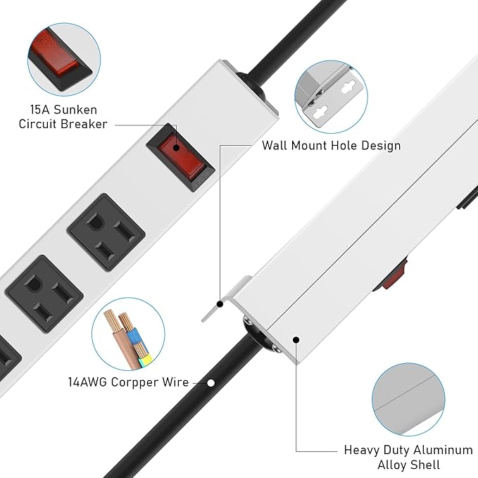 JUNNUJ Metal 12 Outlet Power Strip, Mountable Heavy Duty Power Strip, 1200J Surge Protector Wall Mount Screws Outlet with Switch, Gaming Desk Strips Wide Spaced 15A 125V 1875W, 10 FT 14AWG Power Cord