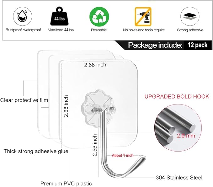 ZESLMG Heavy Duty Sticky Wall Hooks for Hanging, 12 Pack Self Adhesive Hooks 44lb Clear, Removable Large Shower Hook No Damage for Towel Key Coat Picture Wreath Outdoor Bathroom Kitchen, Waterproof