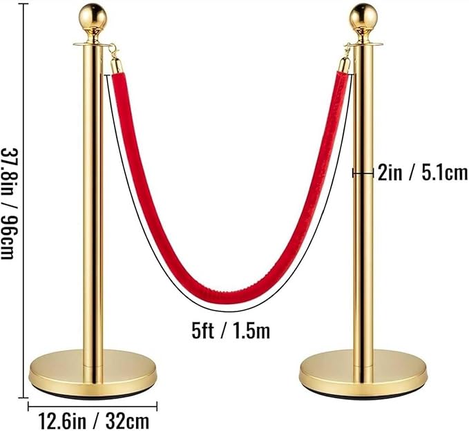 8PCS Gold Stanchion Posts with 5FT Red Velvet Ropes, Stainless Steel Crowd Control Barriers with Ball Tops, Elegant Queue Stanchions for Red Carpet, Party, Wedding, Theater & Exhibition