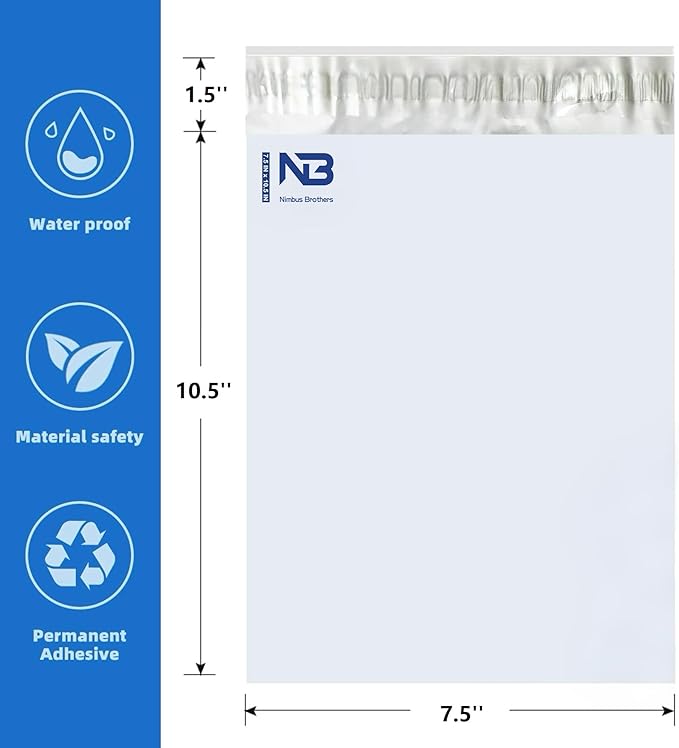 NB 7.5x10.5 Inch – 100 Pcs White Poly Mailers Strong Adhesive Self-Seal Shipping Envelopes, Tear & Water Resistant Packaging for E-Commerce and Small Business