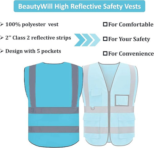 10 Pack Safety Vest Custom Logo Class2 High Visibility Reflective Vest with 5 Pockets Construction Security Work Vest ANSI/ISEA Standards（Blue，4XL ）