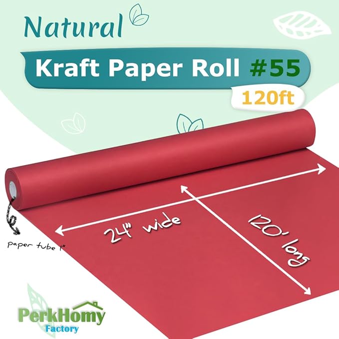 PerkHomy 24" x 1,440" (120') Red Kraft Paper Roll for Craft Bulletin Board Paper Art Table Covering Crafting Gift Wrapping Bouquet Packing Parcel 80GSM 55LB (Red, 24" x 120')