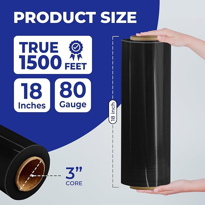 Rosmonde 400 Pack Black Plastic Wrap, 80 Gauge Durable Shrink Wrap Roll, 18" x 1500 ft Stretch Wrap Roll, 3" Core, Heavy Duty Stretch Film for Pallet Wrapping Warehouse Packaging, Moving & Storage