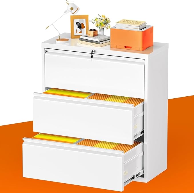 INTERGREAT 3-Drawer White File Cabinet, Locking Metal Lateral Filing Cabinets, 28W Horizontal Storage Cabinet with Adjustable Shelves for Home & Office