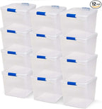 HOMZ 12-Pack Secure Latch, Clear Plastic Storage Organizer Bins, 31 Quart, Blue Latches - Stackable Container Boxes for Bedroom, Bathroom, Garage, and Office Organization