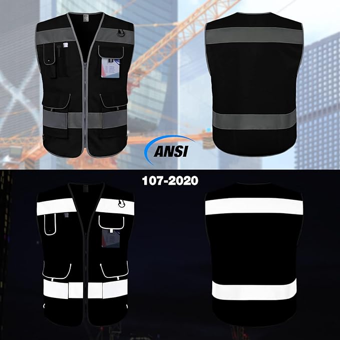 TCCFCCT Safety Vest for Men Women, 9 Pockets High Visibility Reflective Safety Vest, Hi Vis Construction Vest with Reflective Strips, Meets ANSI/ISEA Standards, (Black, Small)