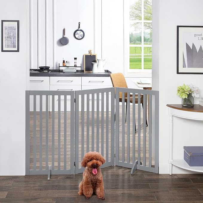 unipaws 36" H Free Standing Pet Gate for Dog Cat, Tall Wooden Dog Gates for Doorway, Stairs, Foldable Pet Fence for The House, Expandable Barrier, Indoor Use, Grey