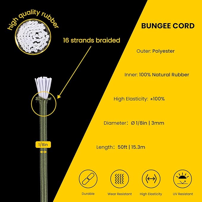 Bungee Cord Elastic Shock Cord 1/8" x 50' Bungee Rope for DIY, Tie Downs, Kayak and Outdoor - Army Green