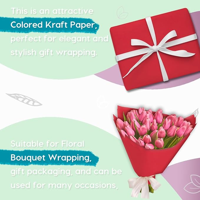 PerkHomy 17.8" x 1,440" (120') Red Kraft Paper Roll for Craft Bulletin Board Paper Art Table Covering Crafting Gift Wrapping Bouquet Packing Parcel 80GSM 55LB (Red, 17.8" x 120')