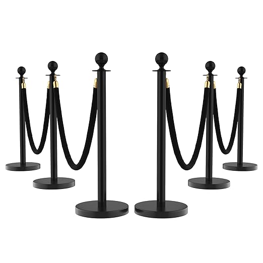 6Pcs Stanchions and Velvet Ropes, Black Stanchions with Retractable Belts, Crowd Control Barriers with Hollow Base, Red Carpet Ropes and Posts for Event & Party Supplies
