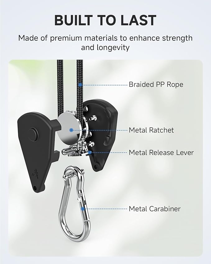 Fondwell 1/8" Rope Tie Downs Ratchet: 4 Pack of Grow Light Hangers Adjustable - Mini Ratchet Straps for Various Hanging and Strapping