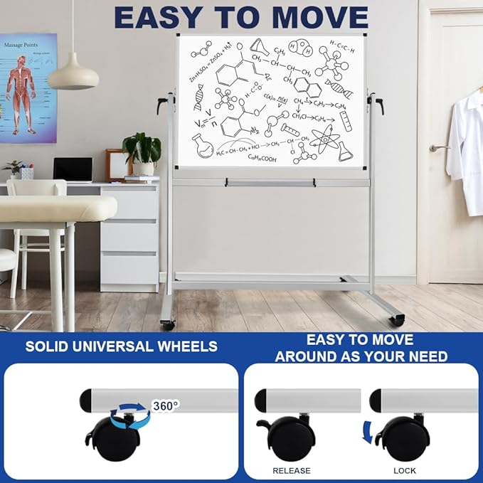 XBoard Rolling Whiteboard 48x36 inch | Double-Sided Mobile Dry Erase Board Aluminium Frame for Home School Office Live Streaming