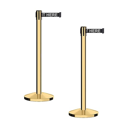 CCW Series RBB-100 - Set of 2 Stanchion Retractable Belt Barriers (7.5 Foot Belt, Black with"Please Wait HERE" White Letters Belt with Polished Brass Post)
