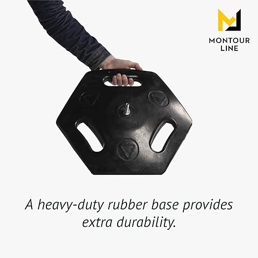 Montour Line MSR760 Set of 2 Retractable Belt Barrier Stanchion, Rubber Base, Black Powder Coated Post (35 ft Yellow with"Out of Service" Black Letters Belt)