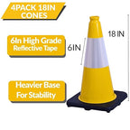 BESEA 4Pack 18 Inch Yellow Traffic Cones with 6 Inch Reflective Collar, Heavy Duty PVC Safety Cones with 10.5 x 10.5 Inch Base for Parking, Driving Practice, Sports Training, and Construction