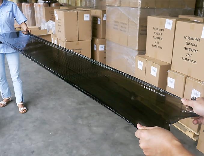 BOMEI PACK 1 Pack 1200ft Industrial Black Stretch Wrap Film 70 Gauge 15" with 3inch Plastic Rolling Handles for Pallet Wrap, Durable Self-Adhering Packing, Moving, Heavy Duty Shrink Film