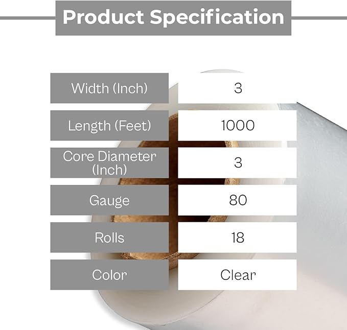 PSBM 18 Rolls 3 Inch x 1000 Feet 80 Gauge Mini Stretch Film/Wrap with Plastic Handle, Industrial Strength Up to 500% Ultimate Stretch, Clear Shrink Plastic Wrap for Moving, Packing, Shipping